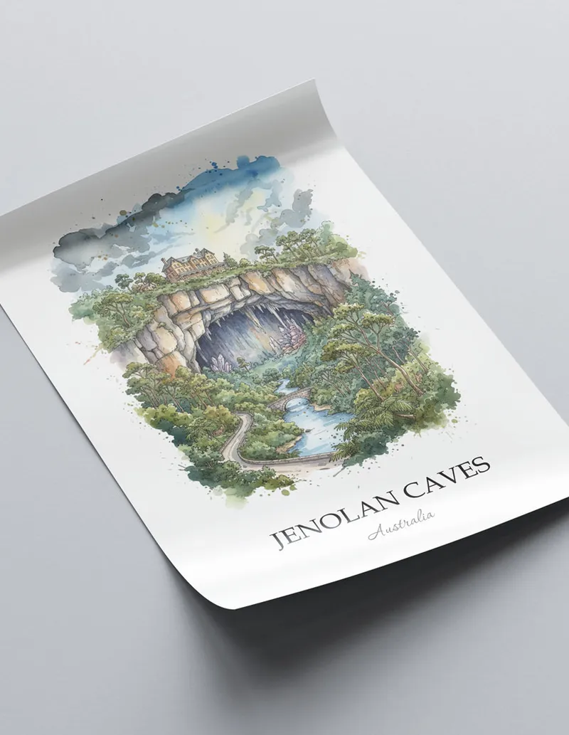 A lovely interior preview showcasing a vintage-vibe travel poster design of the scenic Jenolan Caves in Australia.