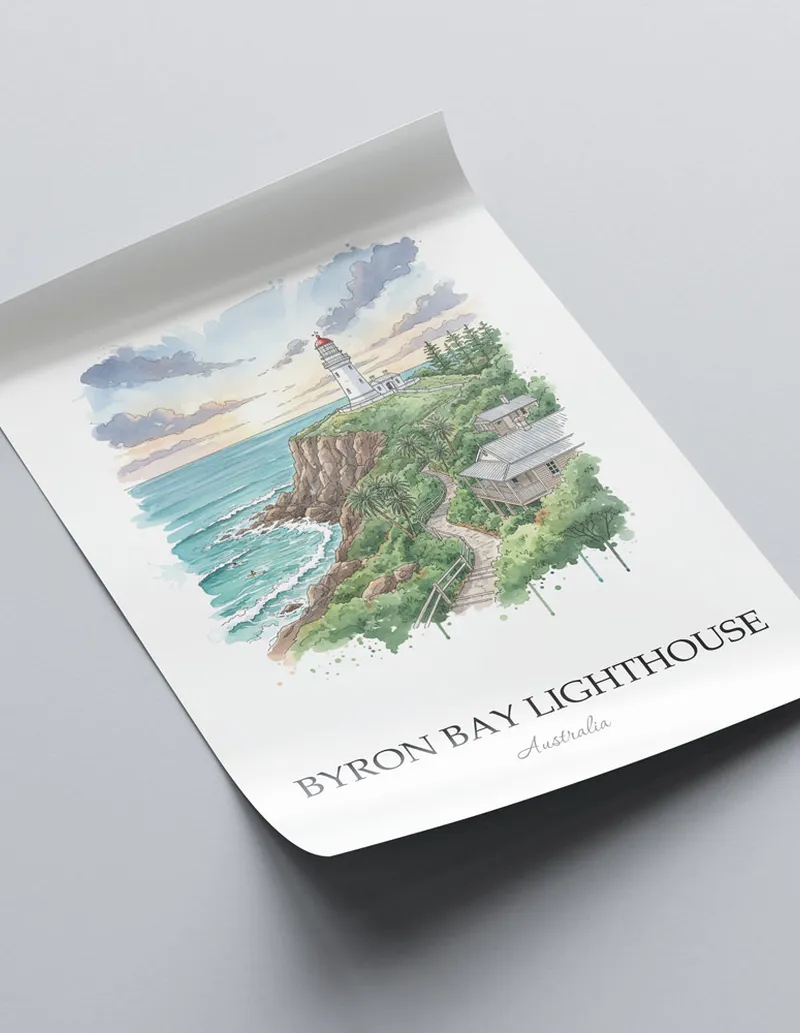 A lovely interior preview showcasing a vintage-vibe travel poster design of the scenic Byron Bay Lighthouse in Australia.