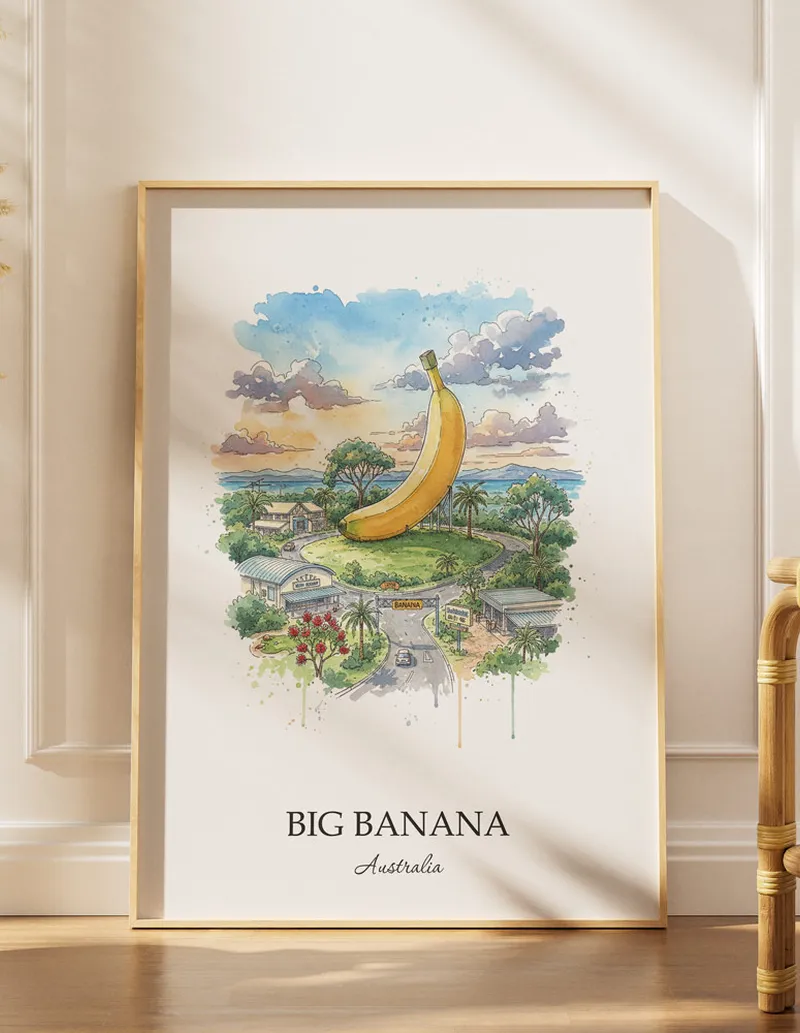 Minimalist poster of Big Banana in Australia in a light frame standing by a window in a boho style room.