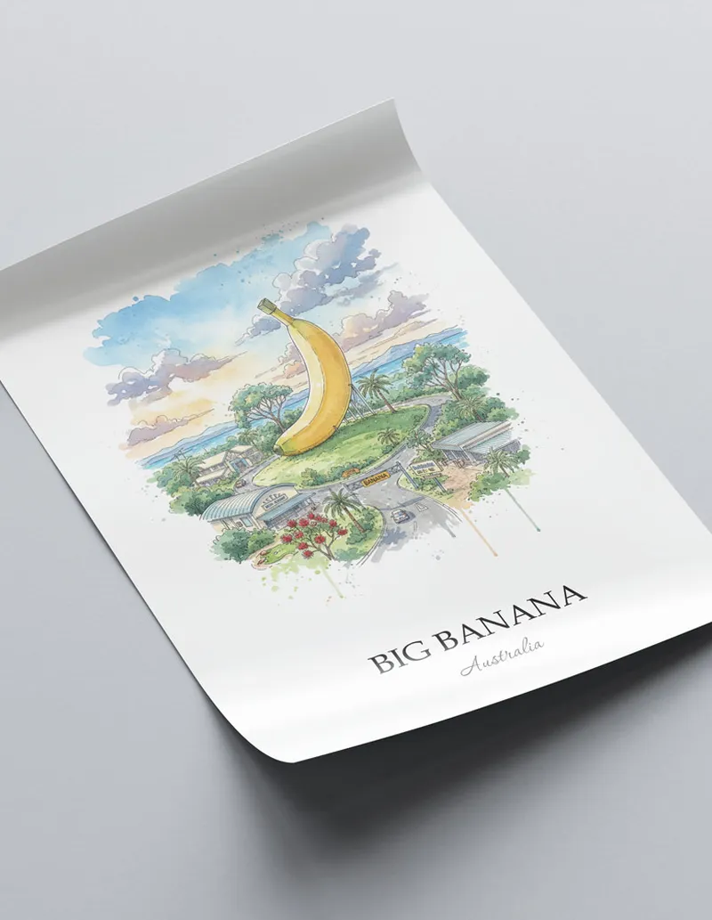 A lovely interior preview showcasing a vintage-vibe travel poster design of the scenic Big Banana in Australia.