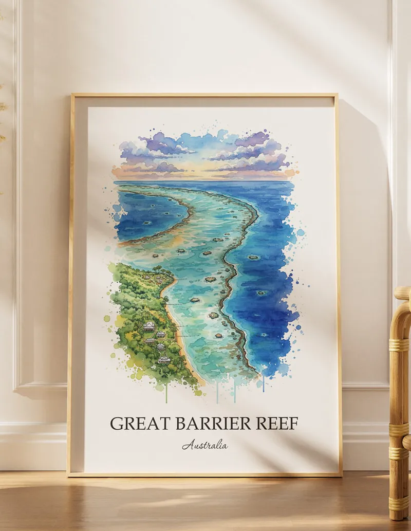 Minimalist poster of Great Barrier Reef in Australia in a light frame standing by a window in a boho style room.