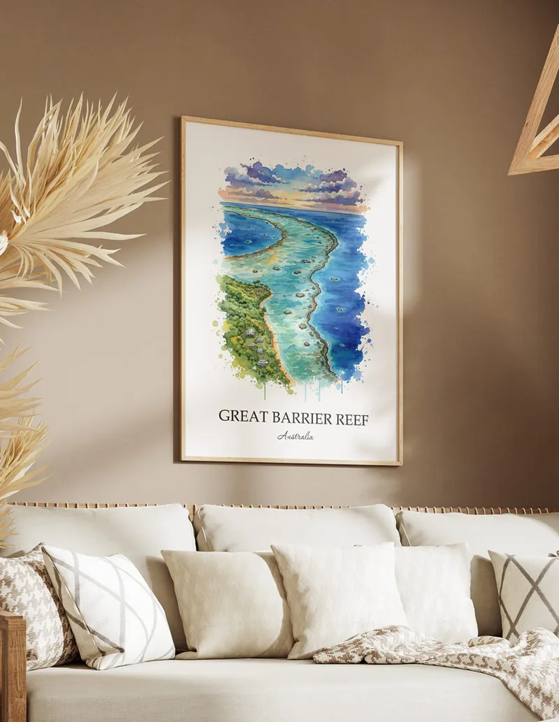 A clean and modern mockup showing a framed Great Barrier Reef, Australia print on a minimalist background.