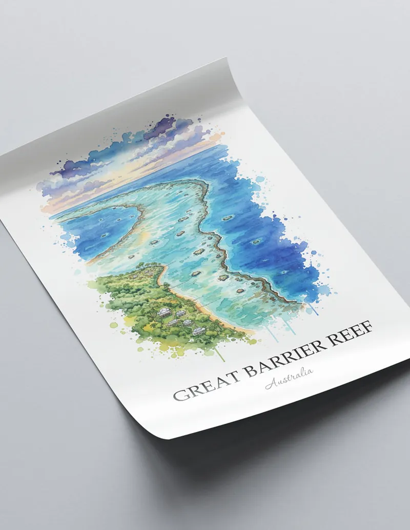 A lovely interior preview showcasing a vintage-vibe travel poster design of the scenic Great Barrier Reef in Australia.