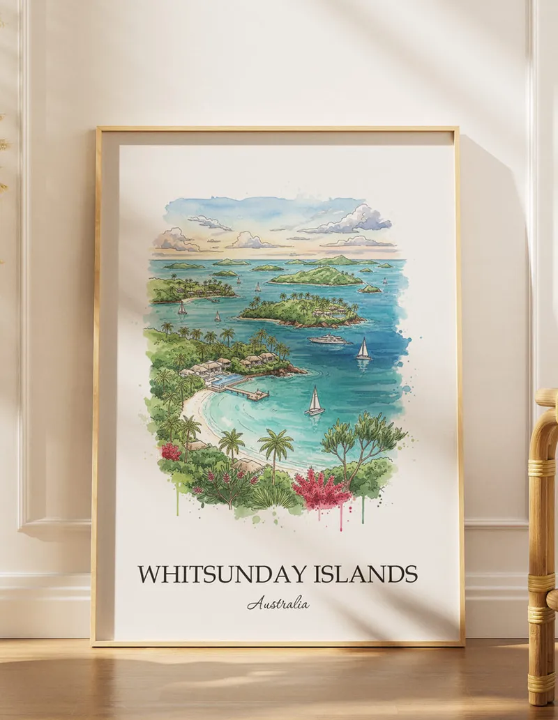 Minimalist poster of Whitsunday Islands in Australia in a light frame standing by a window in a boho style room.