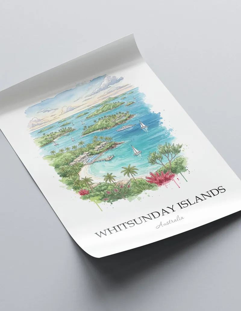 A lovely interior preview showcasing a vintage-vibe travel poster design of the scenic Whitsunday Islands in Australia.