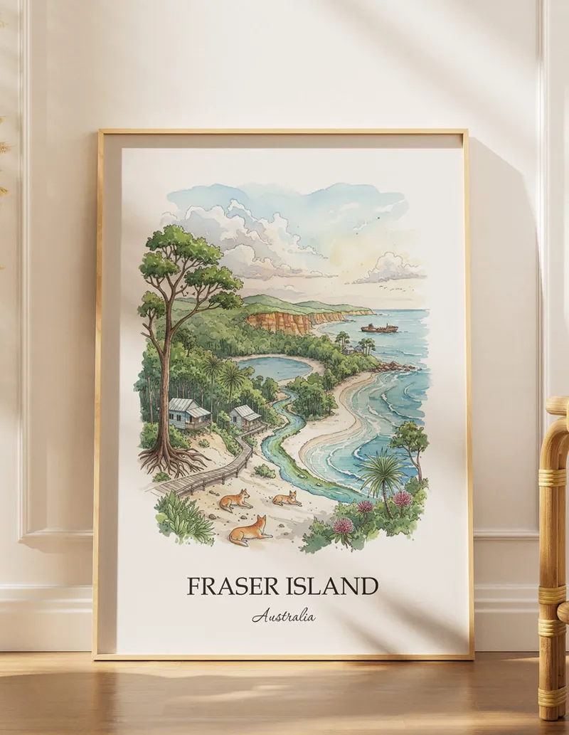 Minimalist poster of Fraser Island in Australia in a light frame standing by a window in a boho style room.