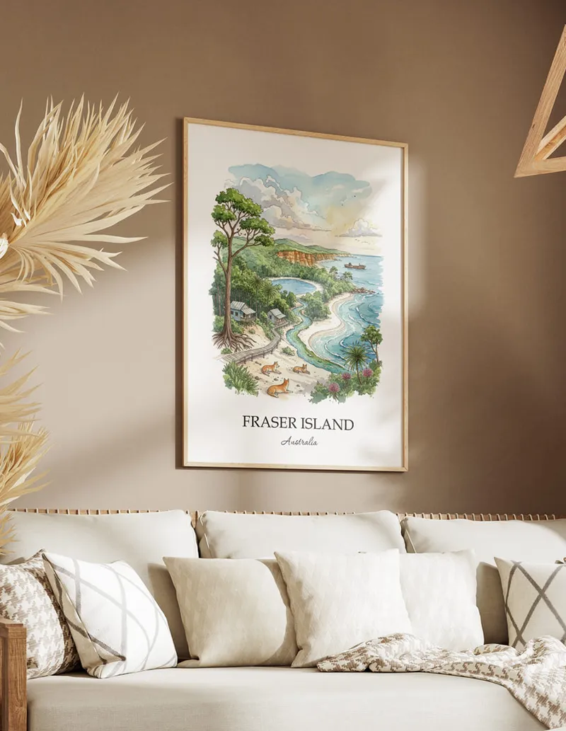 A clean and modern mockup showing a framed Fraser Island, Australia print on a minimalist background.