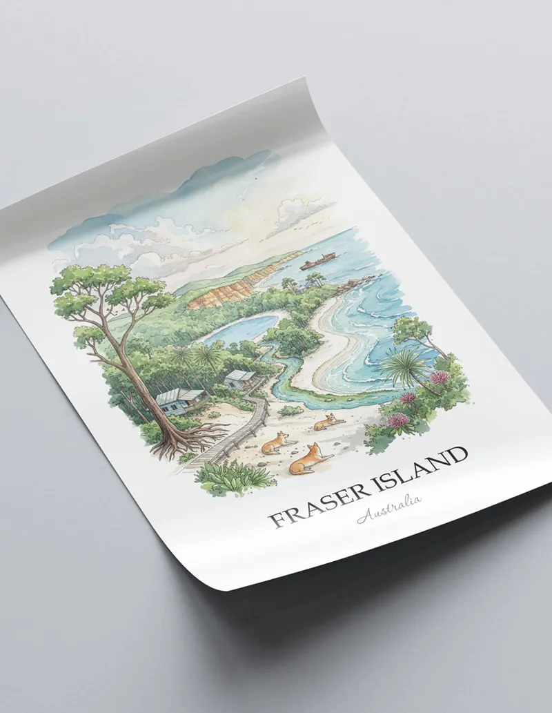 A lovely interior preview showcasing a vintage-vibe travel poster design of the scenic Fraser Island in Australia.