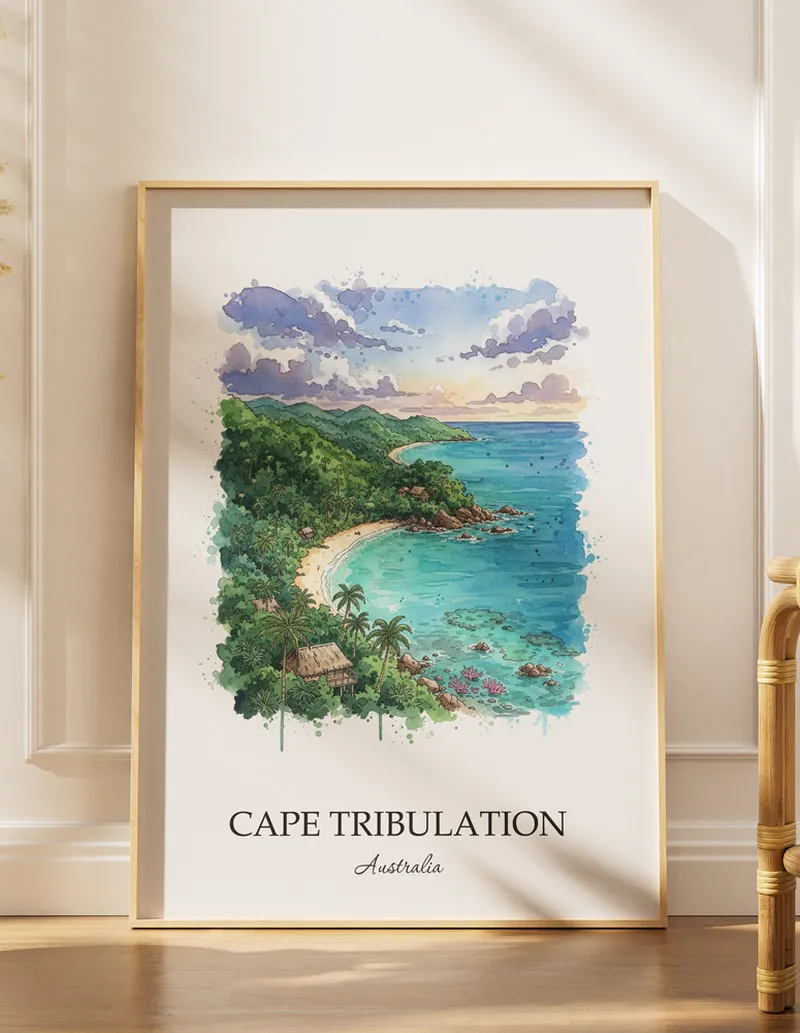 Minimalist poster of Cape Tribulation in Australia in a light frame standing by a window in a boho style room.