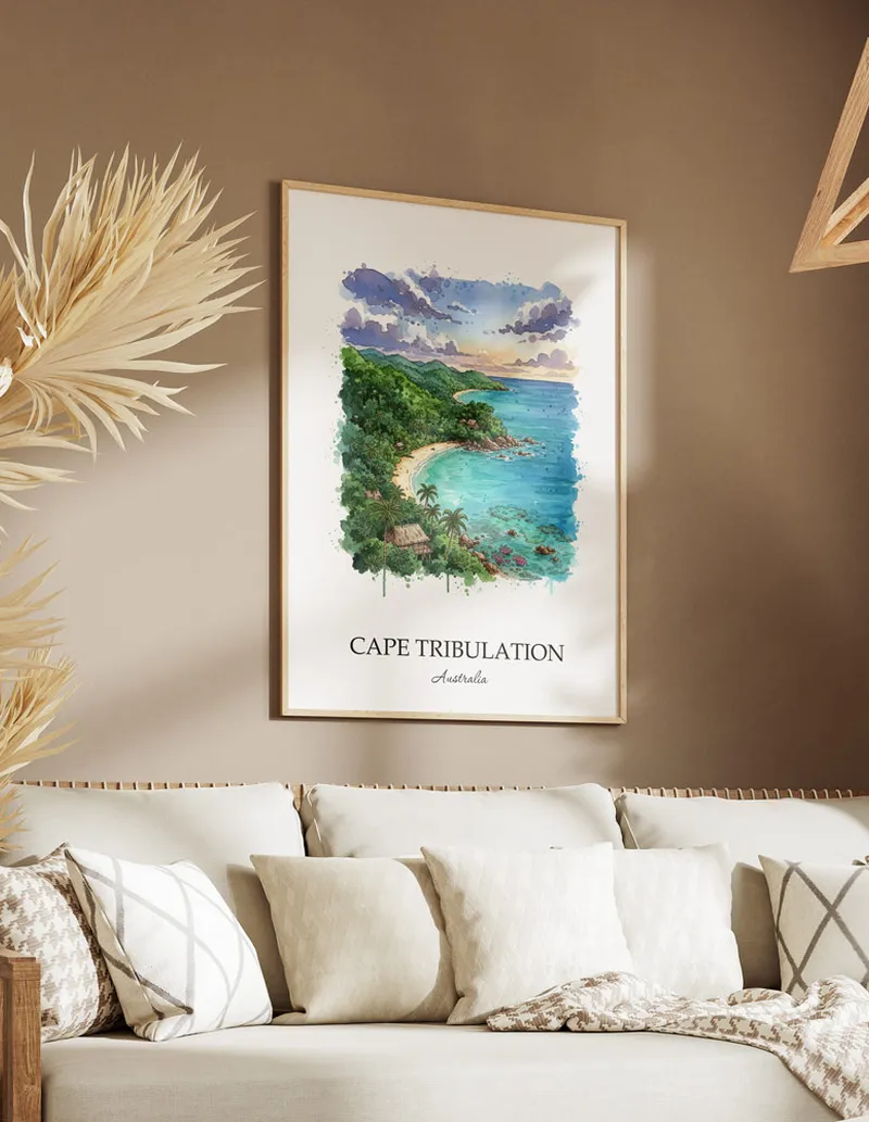 A clean and modern mockup showing a framed Cape Tribulation, Australia print on a minimalist background.