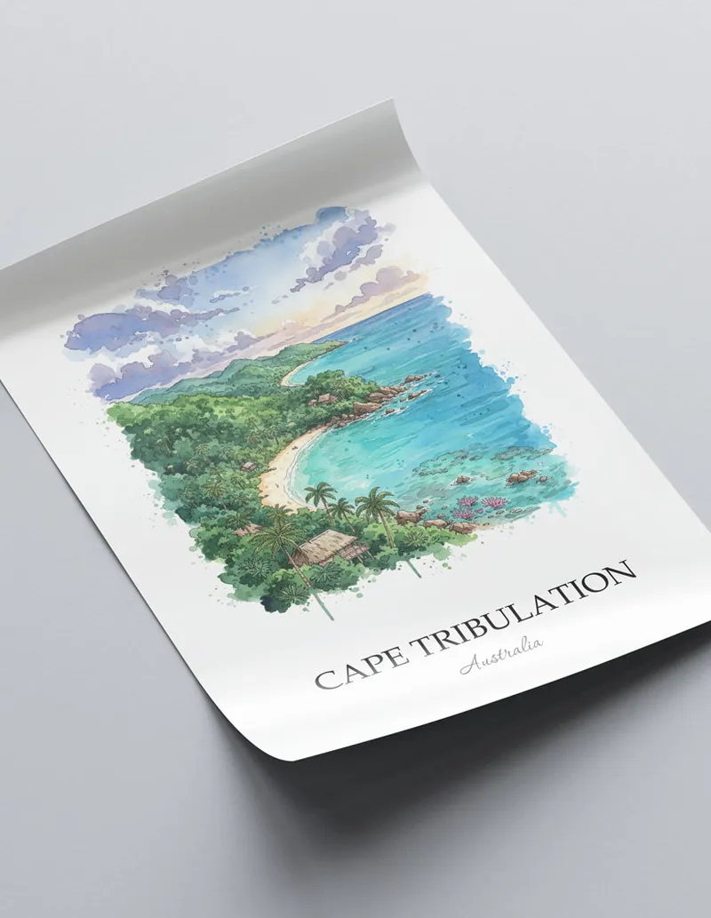 A lovely interior preview showcasing a vintage-vibe travel poster design of the scenic Cape Tribulation in Australia.
