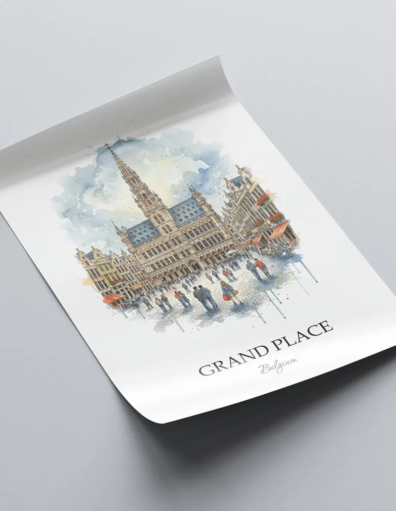 A close-up of a high-quality paper print featuring the Grand Place in Belgium minimalist design.