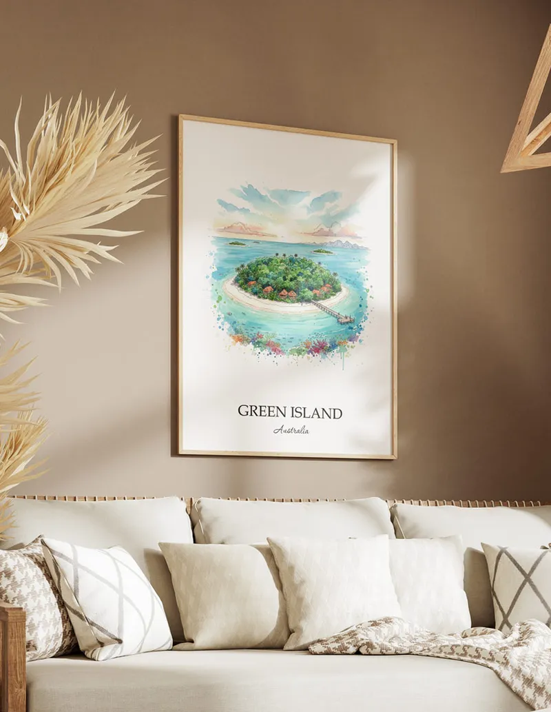A clean and modern mockup showing a framed Green Island, Australia print on a minimalist background.