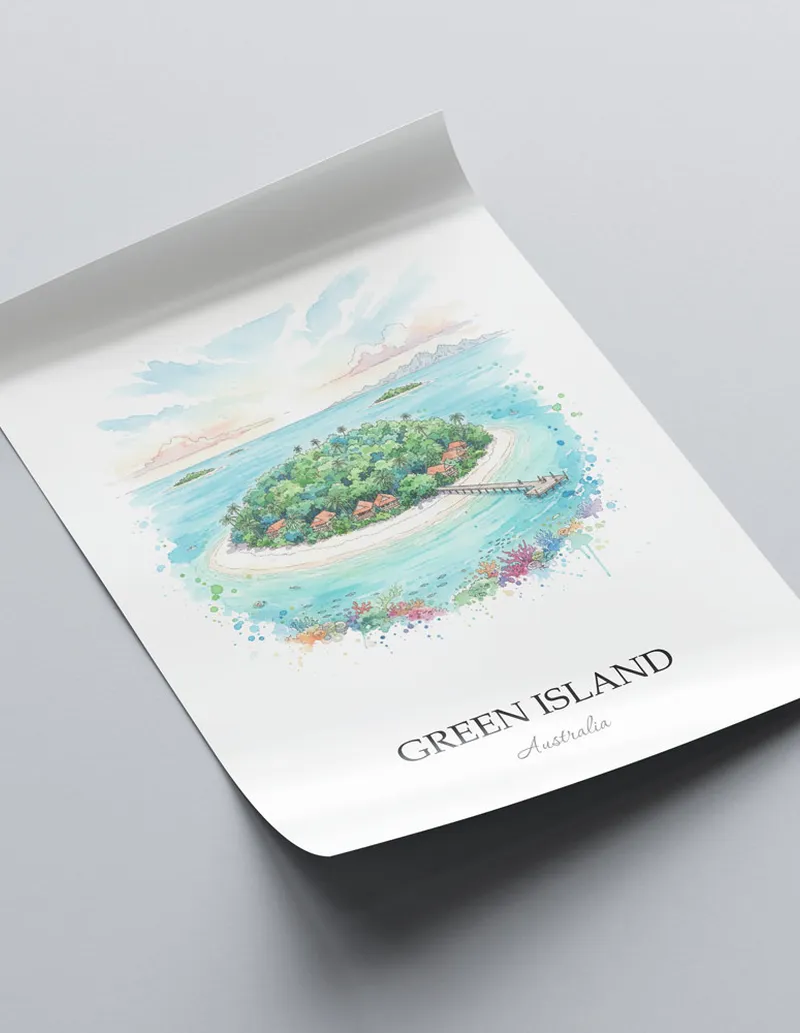 A lovely interior preview showcasing a vintage-vibe travel poster design of the scenic Green Island in Australia.