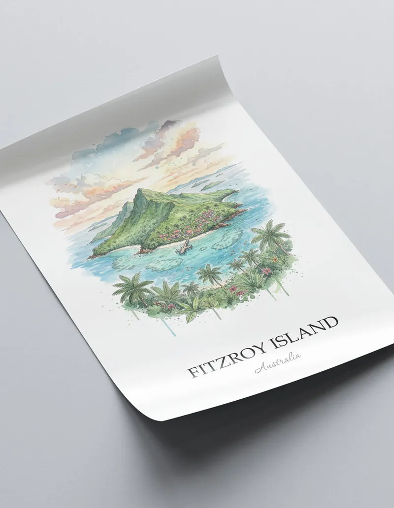Minimalist poster of Fitzroy Island in Australia in a light frame standing by a window in a boho style room.