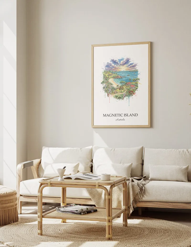 A clean and modern mockup showing a framed Magnetic Island, Australia print on a minimalist background.
