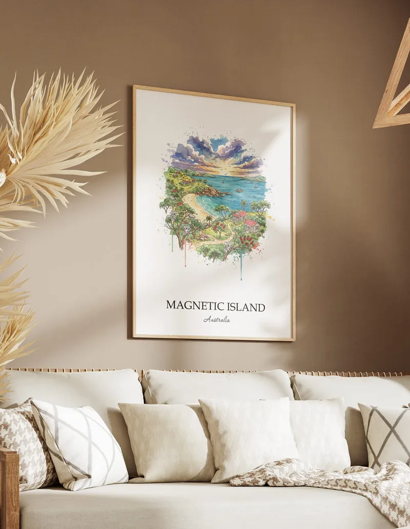 A close-up of a high-quality paper print featuring the Magnetic Island in Australia minimalist design.