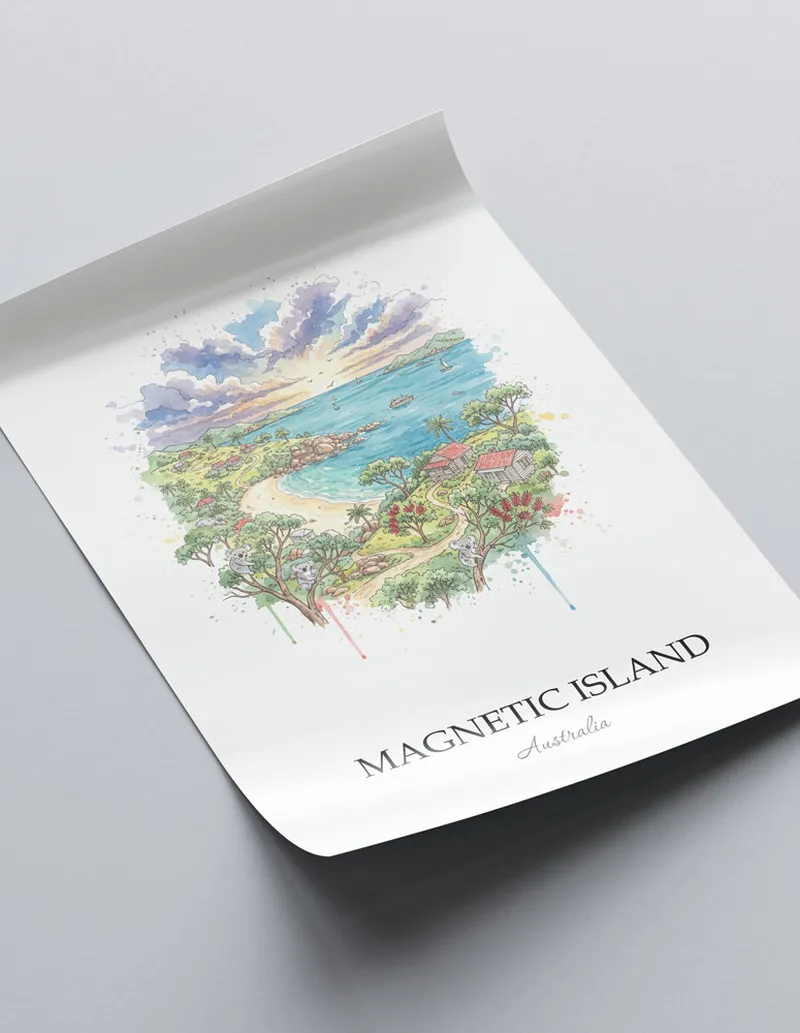 Minimalist poster of Magnetic Island in Australia in a light frame standing by a window in a boho style room.