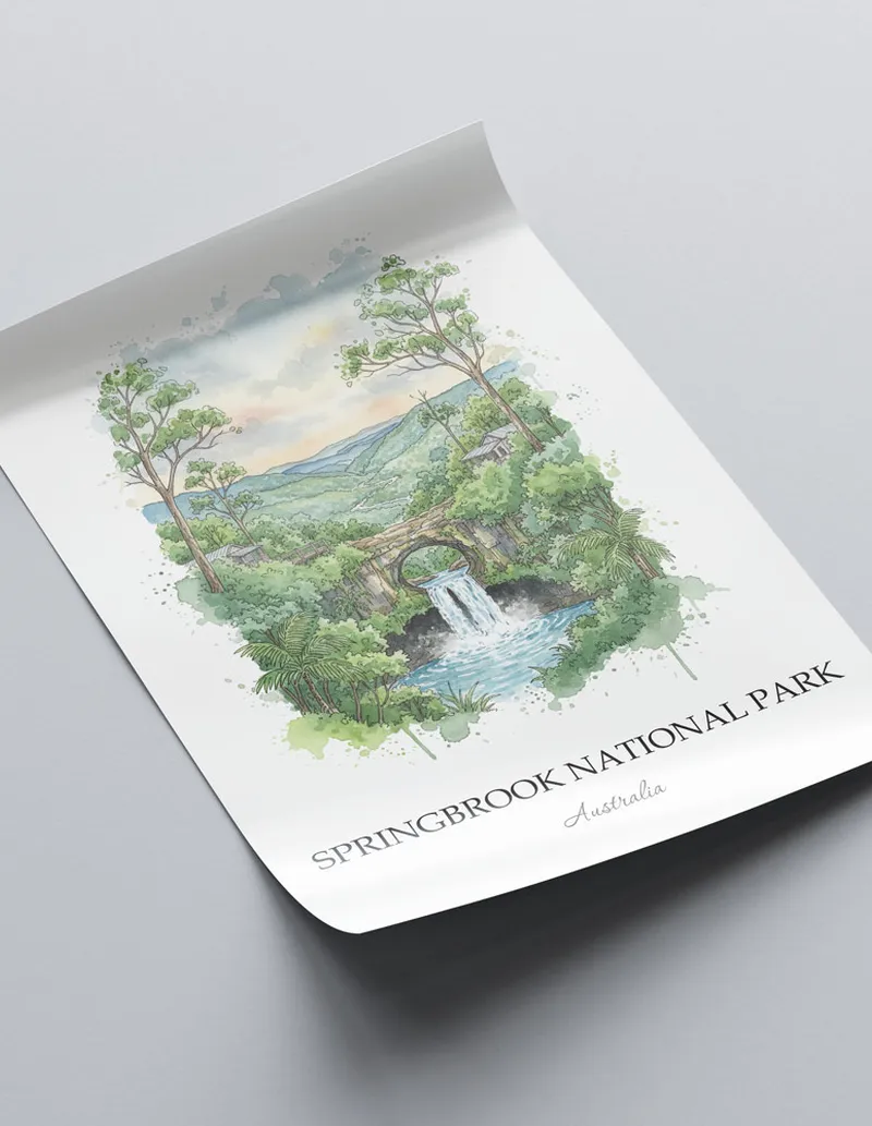 Minimalist poster of Springbrook National Park in Australia in a light frame standing by a window in a boho style room.