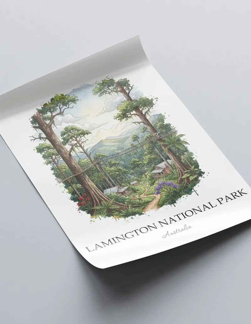 Minimalist poster of Lamington National Park in Australia in a light frame standing by a window in a boho style room.