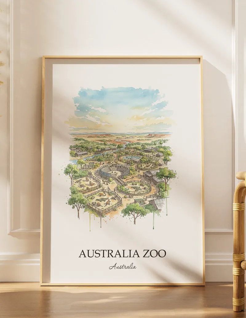 Framed wall art featuring Australia Zoo, Australia in a light wood frame hanging above a sofa in a modern living room.