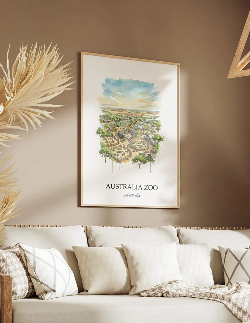 A close-up of a high-quality paper print featuring the Australia Zoo in Australia minimalist design.