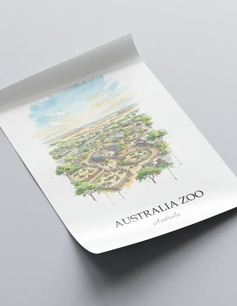 Minimalist poster of Australia Zoo in Australia in a light frame standing by a window in a boho style room.
