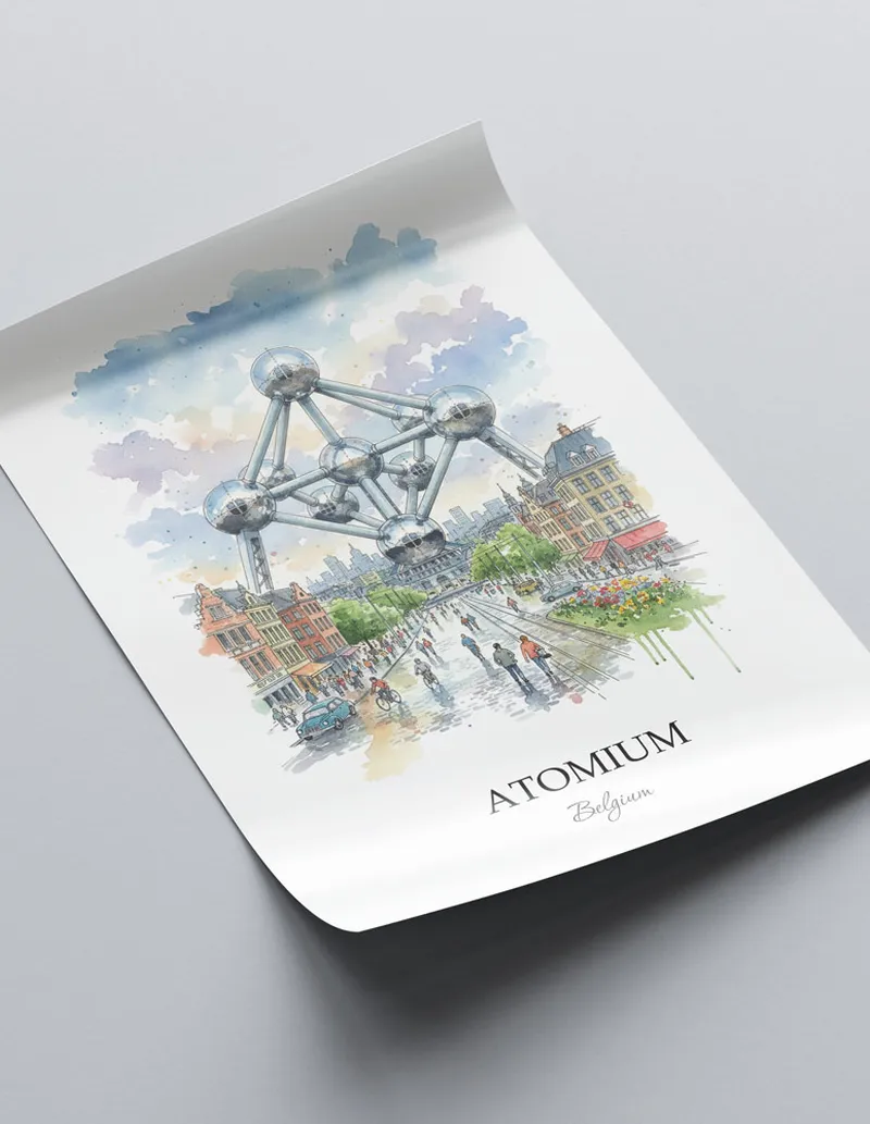 A close-up of a high-quality paper print featuring the Atomium in Belgium minimalist design.