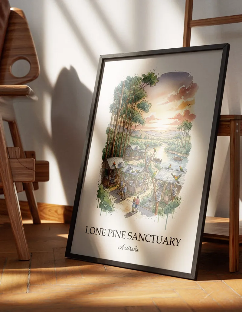 Vintage travel poster of Lone Pine Sanctuary, Australia in a light frame displayed above a sofa in a bright boho interior.