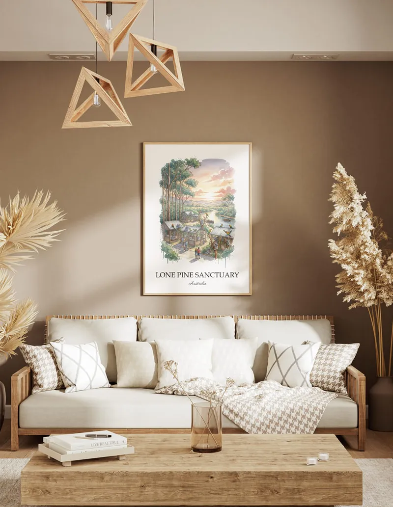 Framed wall art featuring Lone Pine Sanctuary in Australia in a light wood frame leaning on the floor.