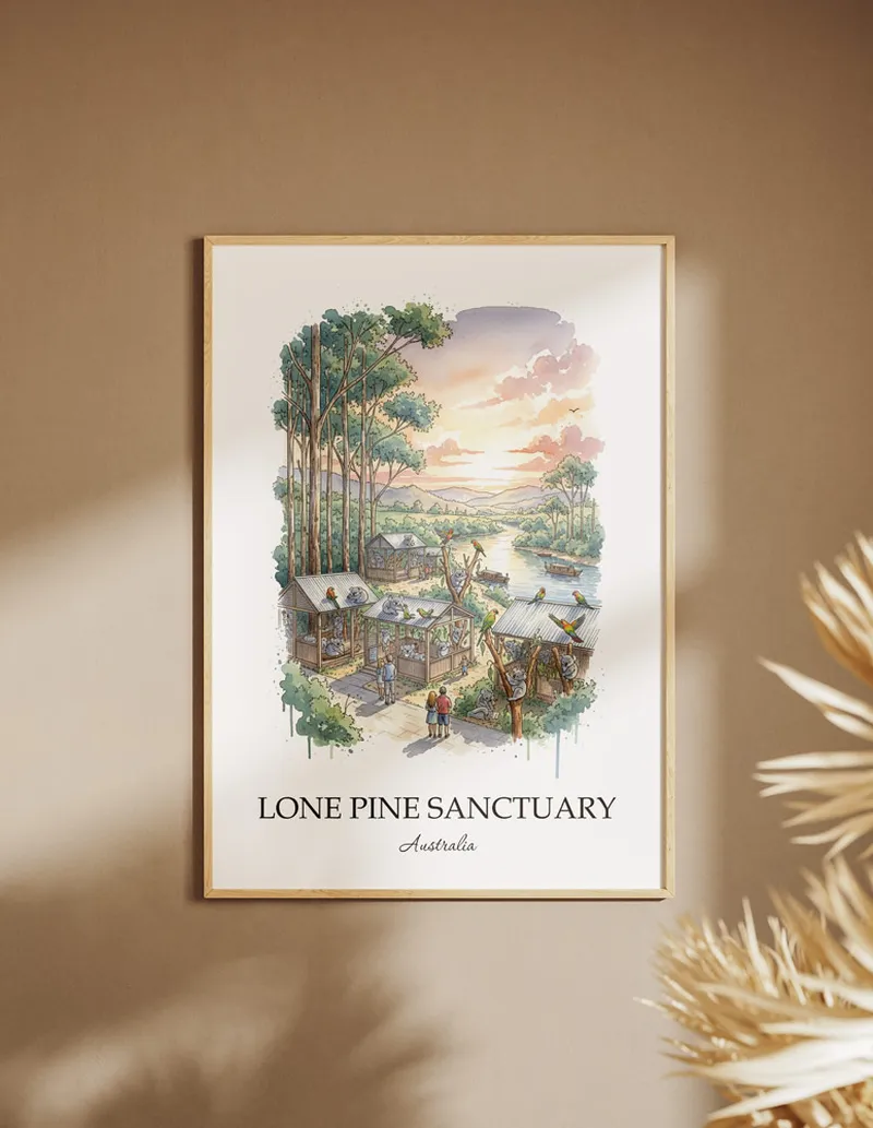 A lovely interior preview showcasing a vintage-vibe travel poster design of the scenic Lone Pine Sanctuary in Australia.