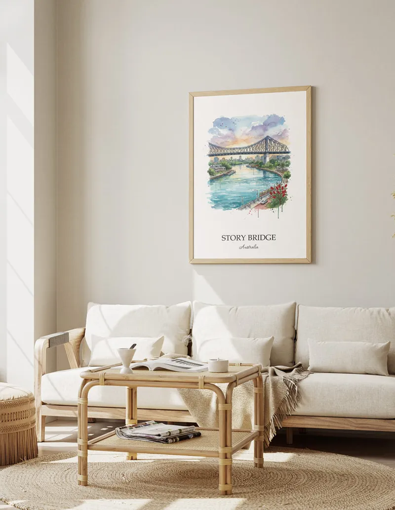 A clean and modern mockup showing a framed Story Bridge, Australia print on a minimalist background.