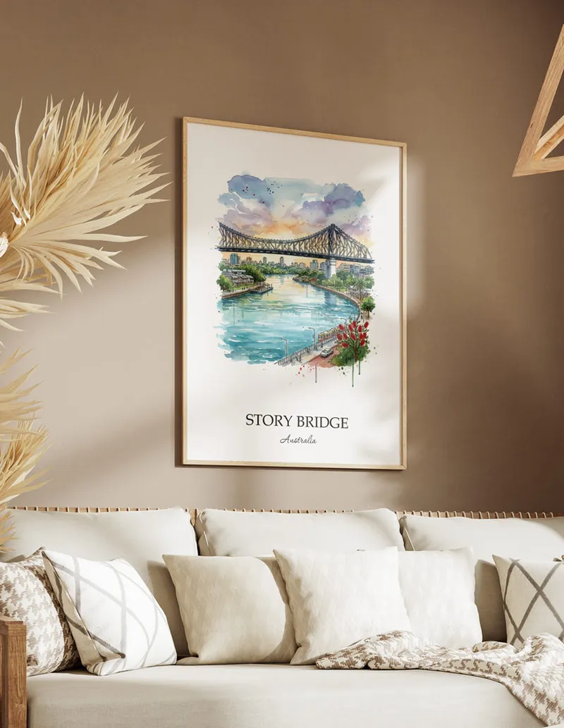 A close-up of a high-quality paper print featuring the Story Bridge in Australia minimalist design.