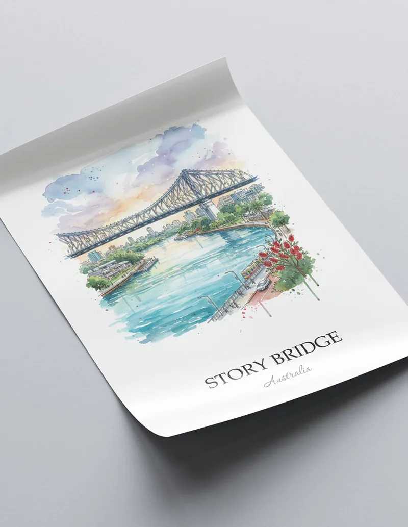 Minimalist poster of Story Bridge in Australia in a light frame standing by a window in a boho style room.