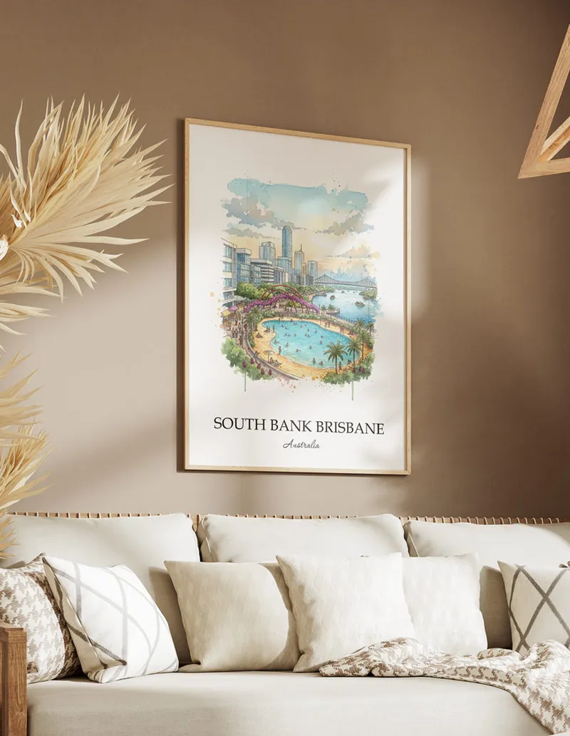 A close-up of a high-quality paper print featuring the South Bank Brisbane in Australia minimalist design.