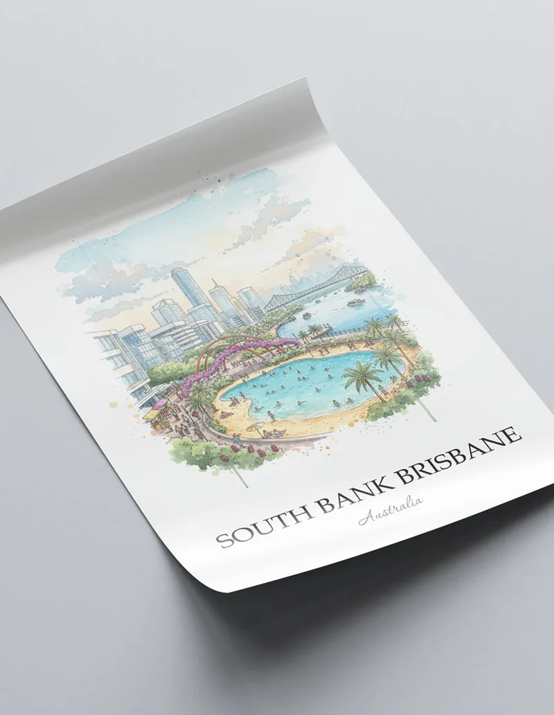 Minimalist poster of South Bank Brisbane in Australia in a light frame standing by a window in a boho style room.
