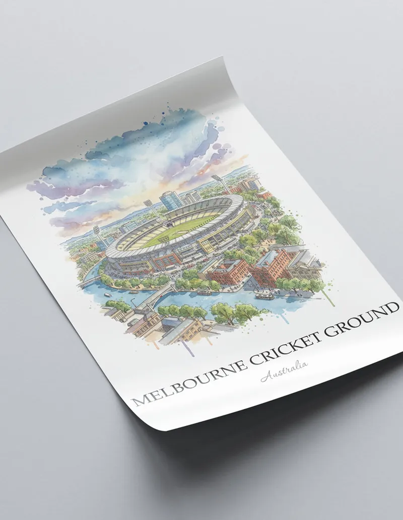 Minimalist poster of Melbourne Cricket Ground in Australia in a light frame standing by a window in a boho style room.