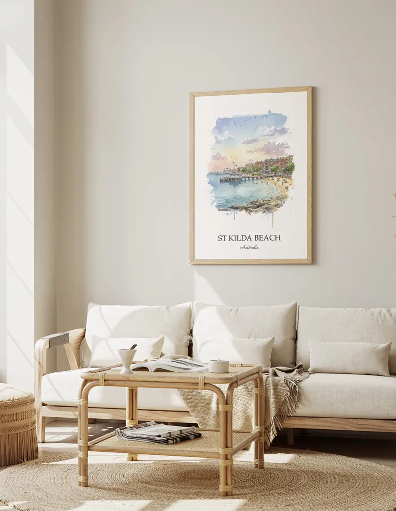 A clean and modern mockup showing a framed St Kilda Beach, Australia print on a minimalist background.