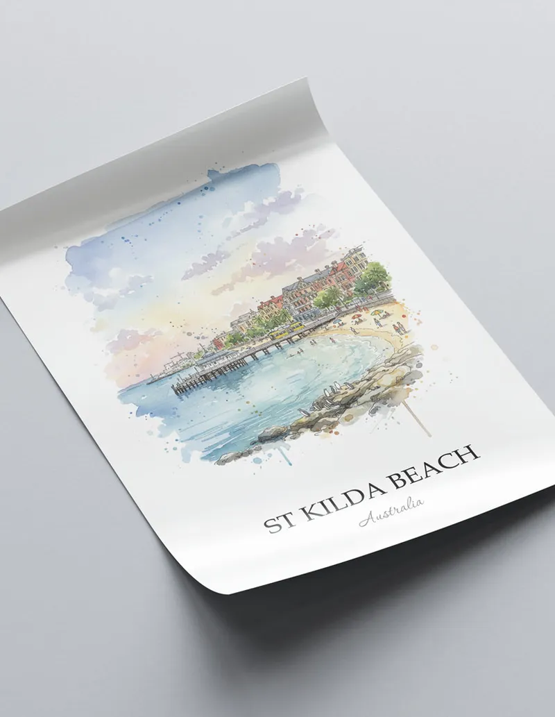 Minimalist poster of St Kilda Beach in Australia in a light frame standing by a window in a boho style room.