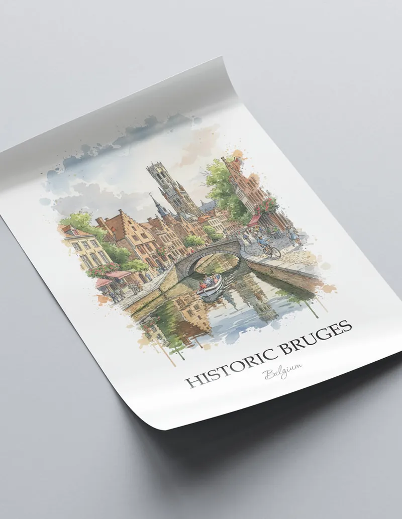 A close-up of a high-quality paper print featuring the Historic Bruges in Belgium minimalist design.