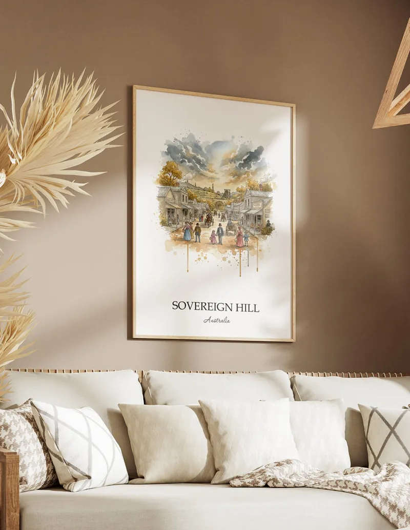 A close-up of a high-quality paper print featuring the Sovereign Hill in Australia minimalist design.