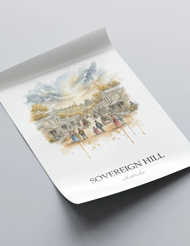 Minimalist poster of Sovereign Hill in Australia in a light frame standing by a window in a boho style room.