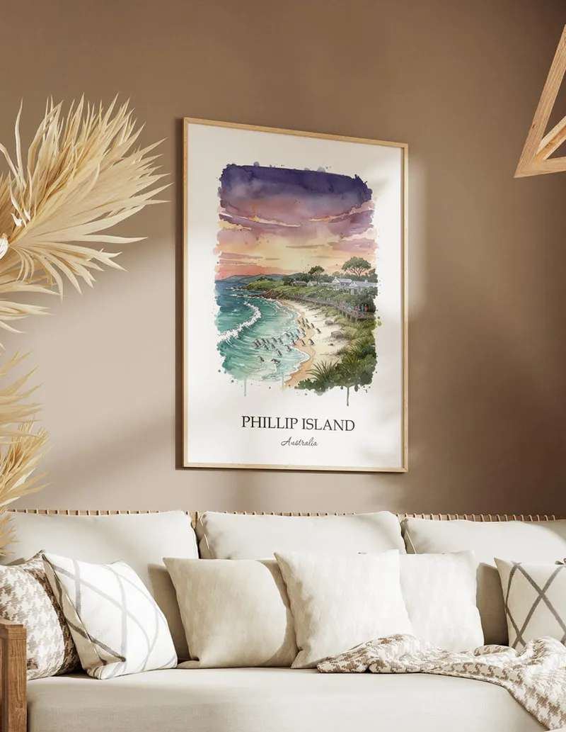 A close-up of a high-quality paper print featuring the Phillip Island in Australia minimalist design.