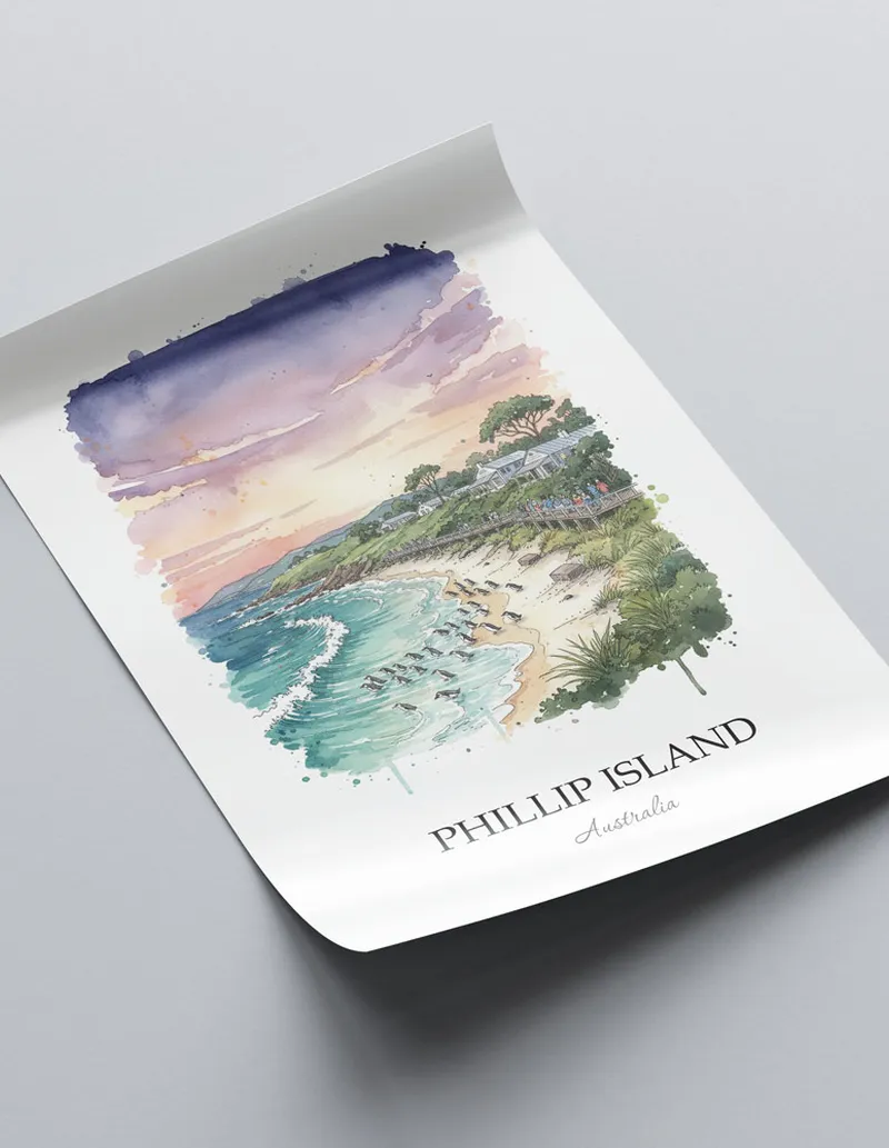 Minimalist poster of Phillip Island in Australia in a light frame standing by a window in a boho style room.