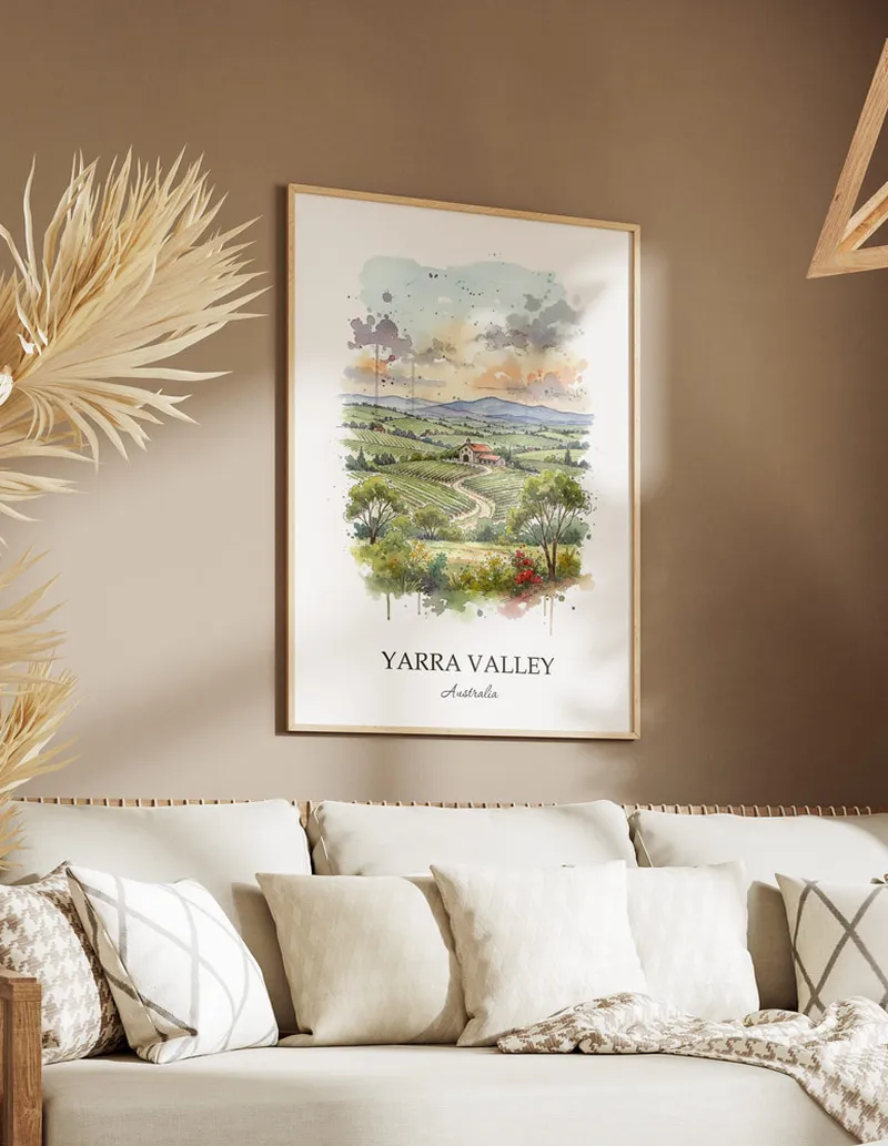 A close-up of a high-quality paper print featuring the Yarra Valley in Australia minimalist design.