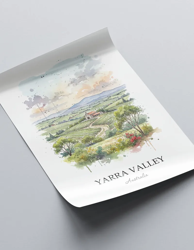 Minimalist poster of Yarra Valley in Australia in a light frame standing by a window in a boho style room.