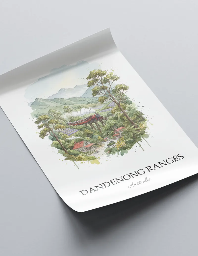Minimalist poster of Dandenong Ranges in Australia in a light frame standing by a window in a boho style room.