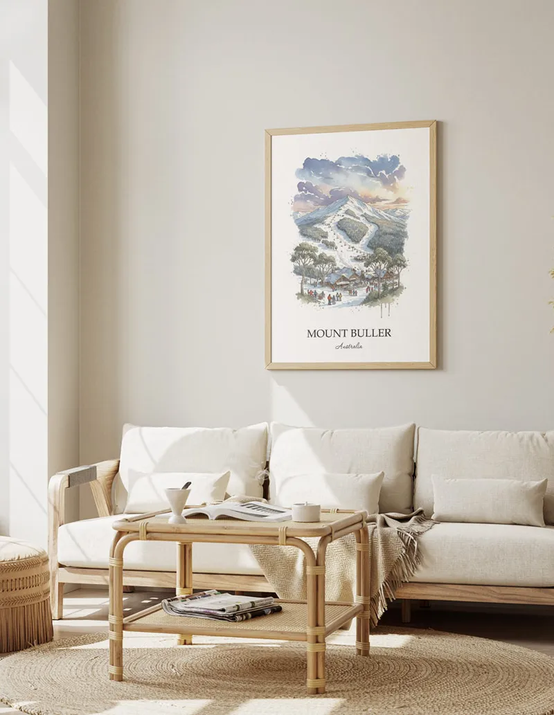 A clean and modern mockup showing a framed Mount Buller, Australia print on a minimalist background.