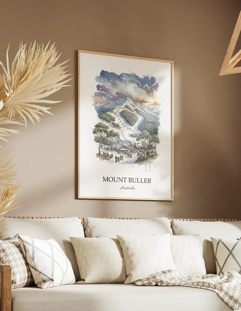 A close-up of a high-quality paper print featuring the Mount Buller in Australia minimalist design.