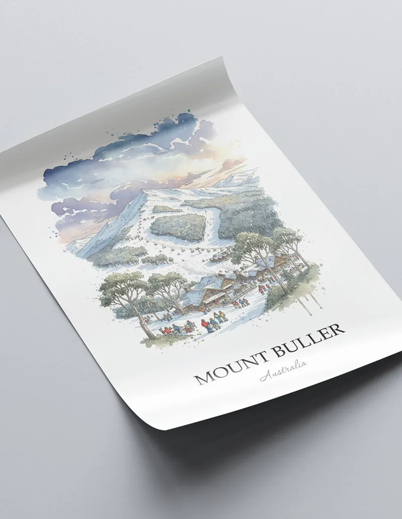 Minimalist poster of Mount Buller in Australia in a light frame standing by a window in a boho style room.